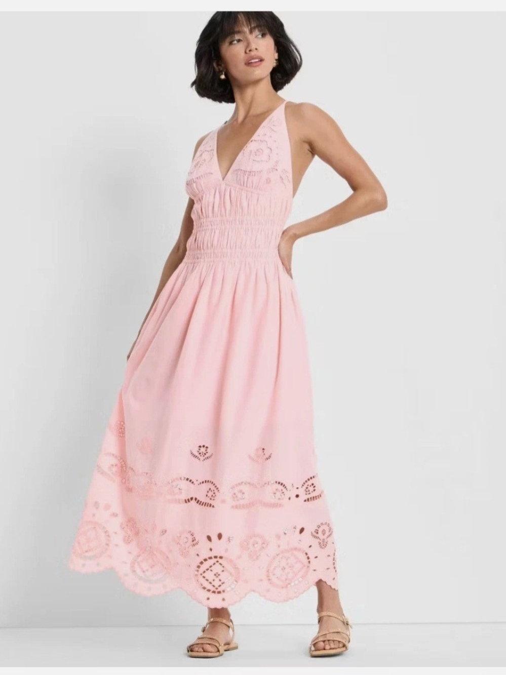 Pink Eyelet Maxi Dress with Smocked Waist